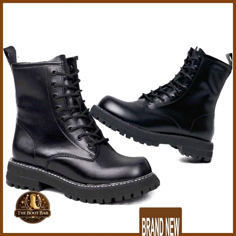 Leather Combat Boots Waterproof Lace Up Round Toe Women's Shoes Rugged - Picture 1 of 7